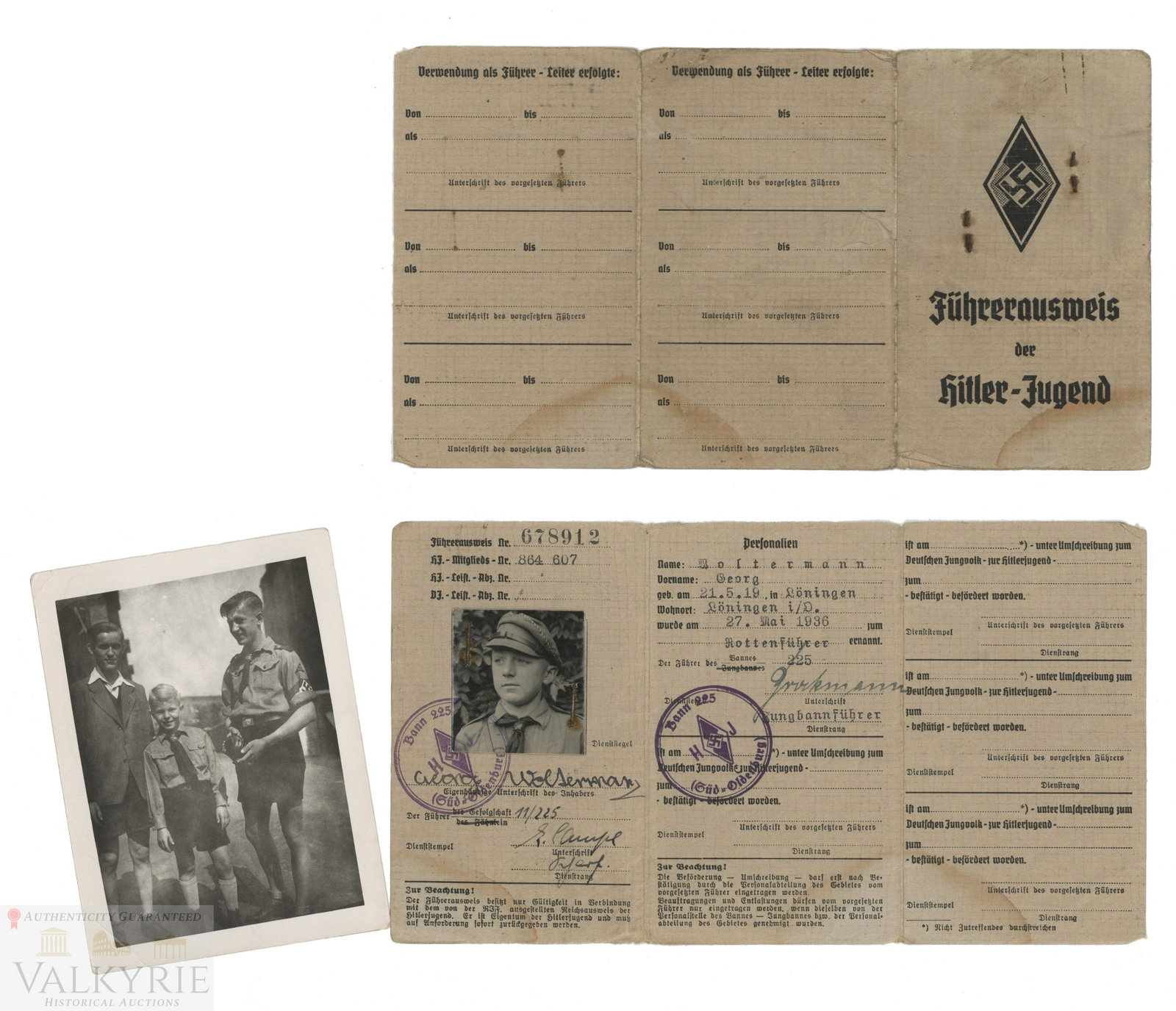 Hitler-Jugend Leader's Ausweis Issued in 1936: FÃ¼hrerausweis (Leader's Ausweis) of the Hitler-Jugend issued to a young boy from LÃ¶ningen who was a HJ RottenfÃ¼hrer. Made as a three-part document with photo of the owner in HJ uniform. Issue