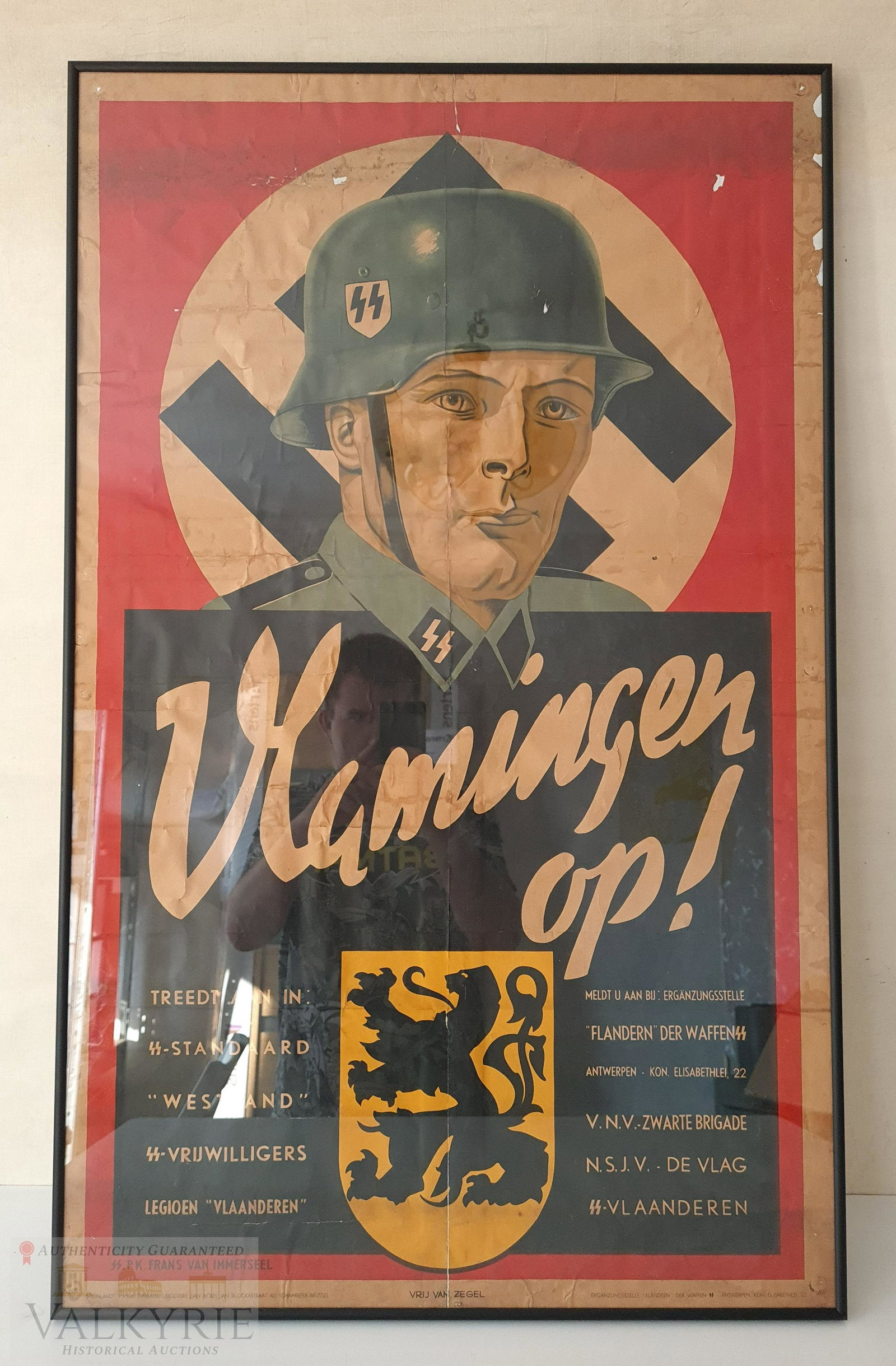 Super Rare Huge Waffen SS Flanders Legion Poster for Volunteering: Super rare Waffen SS Flanders Legion propaganda poster that encouraged young boys in Belgium to join up the volunteer legion to fight the communistm along with Nazi Germany. Poster is in colour and it