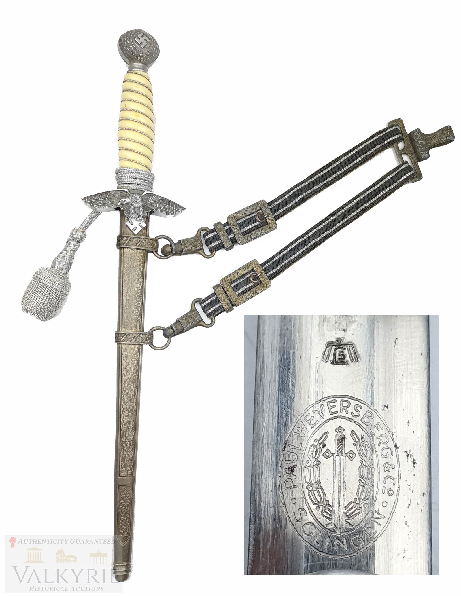 Luftwaffe Dagger Made by Paul Weyersberg & Co. Solingen with Hangers and Portepee: Wehrmacht Dagger by Paul Weyersberg & Co. Solingen with maker mark on the blade. The blade is in wonderful condition, almost without any signs of movement along with the spring clamps. It is the versi