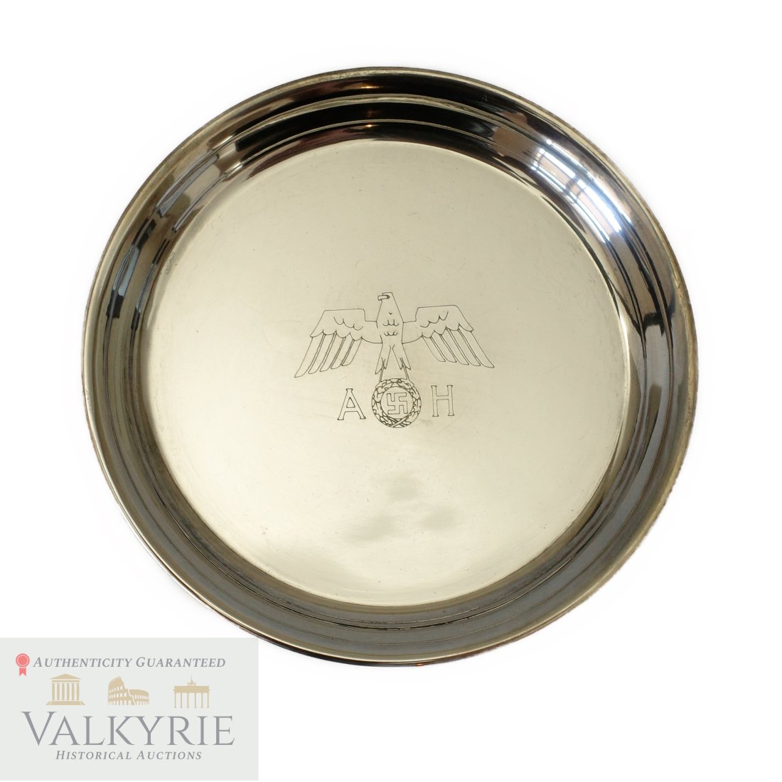Adolf Hitler Personal Silver Monogram Stemware Coaster: Original 3.5â€³ diameter silver coaster with Adolf Hitlerâ€™s roll stamped â€œAH” monogram and personal eagle. . It has the maker mark â€œFHW” 925 silver on the bottom. Th