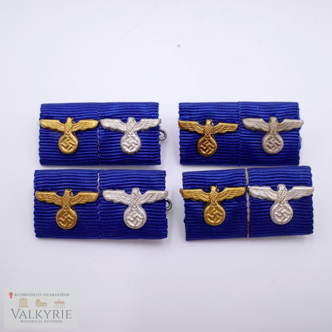 Nazi German Long Service Two Place Ribbon Bar (Set of 4): SET OF 4.... The two place ribbon bar consists of , The Wehrmacht 12 year long service medal with gold eagle cipher, and The Wehrmacht 4 year long service medal with silver eagle cipher. . Complete wi