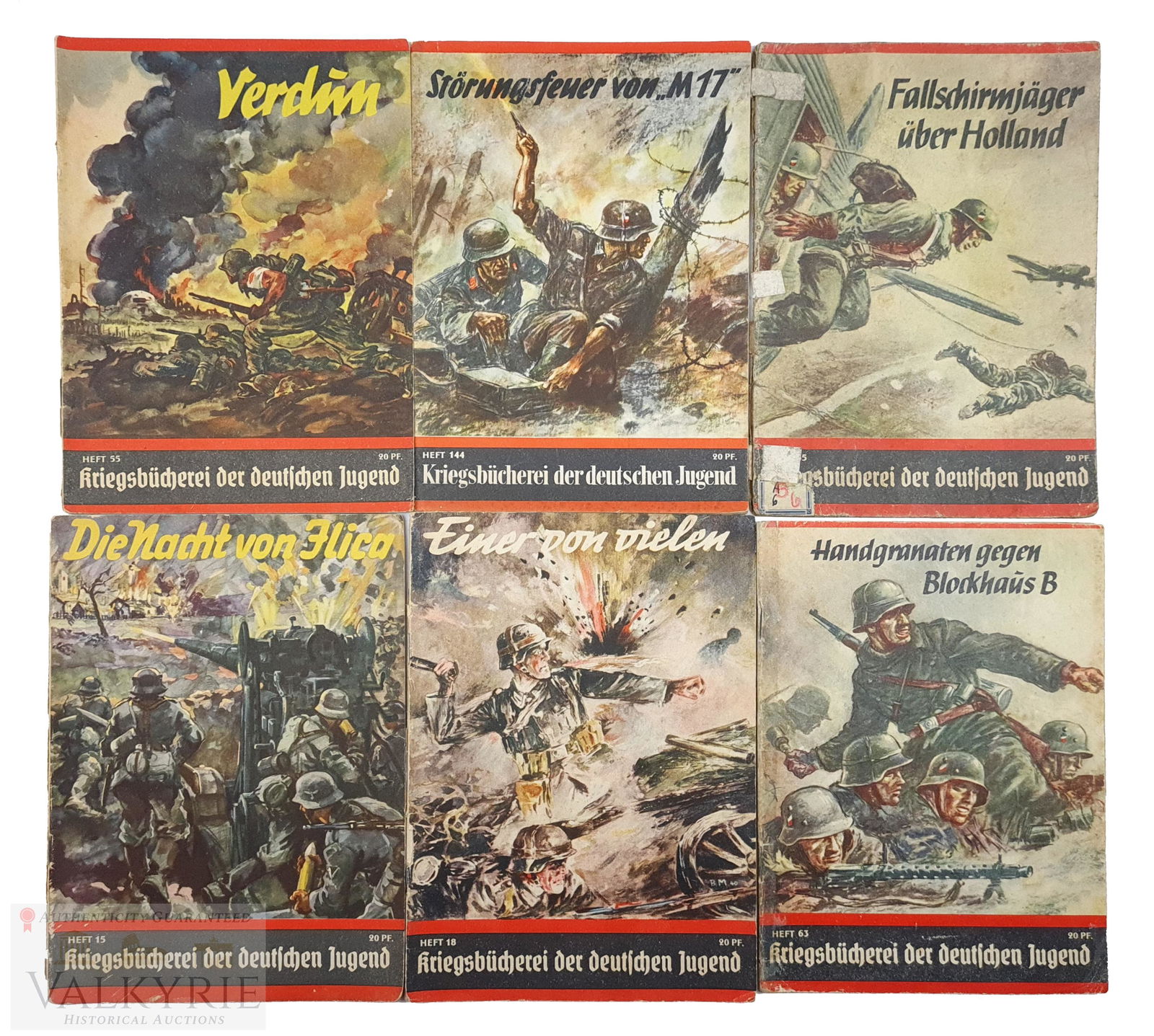 6 Numbers of the Youth oriented Magazines "KriegsbÃ¼cherei der deutschen Jugend": 6 Numbers of the Youth oriented Magazines "KriegsbÃ¼cherei der deutschen Jugend" (War library of the German youth). All in soft cover. Titles are:-Verdun-StÃ¶rungsfeuer von "M.17"-FallschirmjÃ¤g