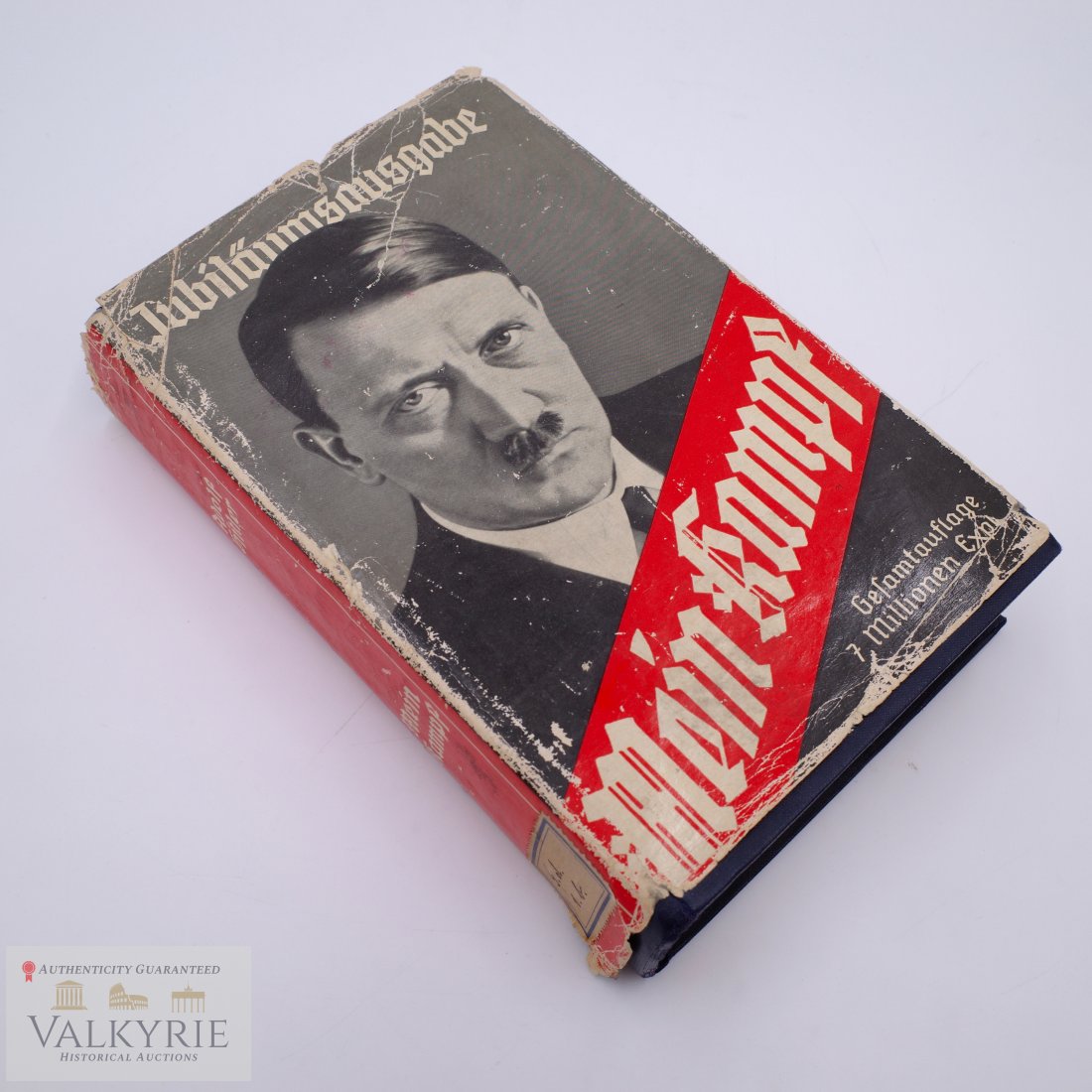 Mein Kampf People's Ddition 1941 with Dust Jacket Anniversary Edition: Mein Kampf People's Edition 1941 with Dust Jacket Anniversary Edition. Stamped inside "Alfred Rosenburg-Spende fur die Deutsche Wehrmact 1939/41. Addition stamp inside reads "Offizers-Bucherei Landshu