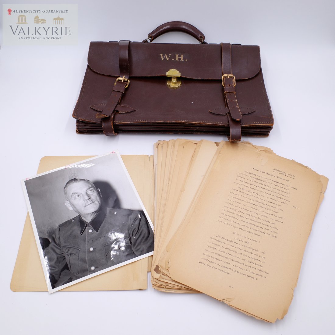 Nuremberg Trials Leather Briefcase Belonging to Famous US Prosecutor: Nuremberg Trials Leather Briefcase Belonging to US Prosecutor Whitney Harris. There are dozens of documents inside, all written in German and a folder they are in indicates they are part of an exhibit
