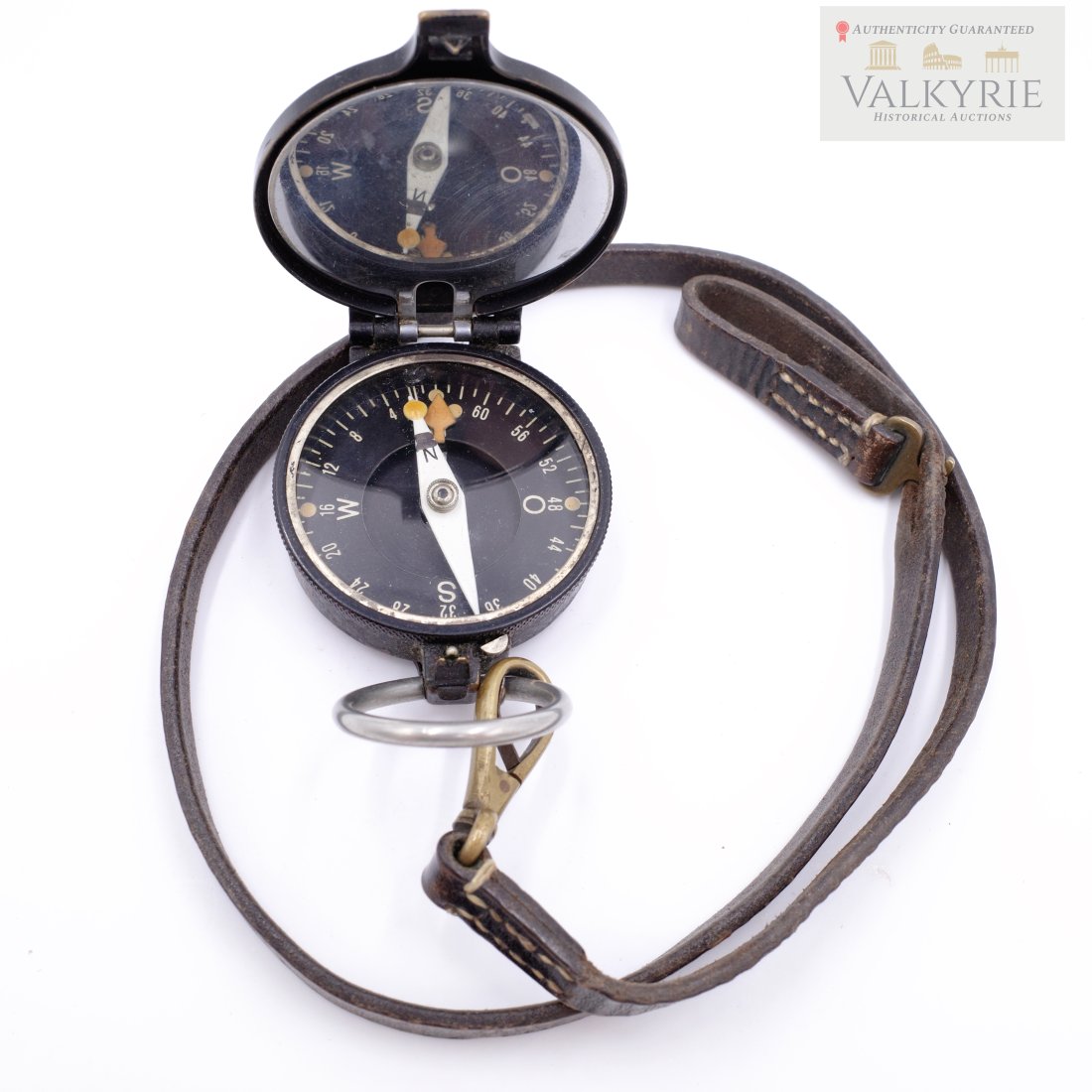 GERMAN WWII WEHRMACHT ARMY FIELD COMPASS WITH STRAP: GERMAN WWII WEHRMACHT ARMY FIELD COMPASS EARLY WAR MODEL, with leather strap. Made by R Fuess Berlin-Steglitz #20102.
