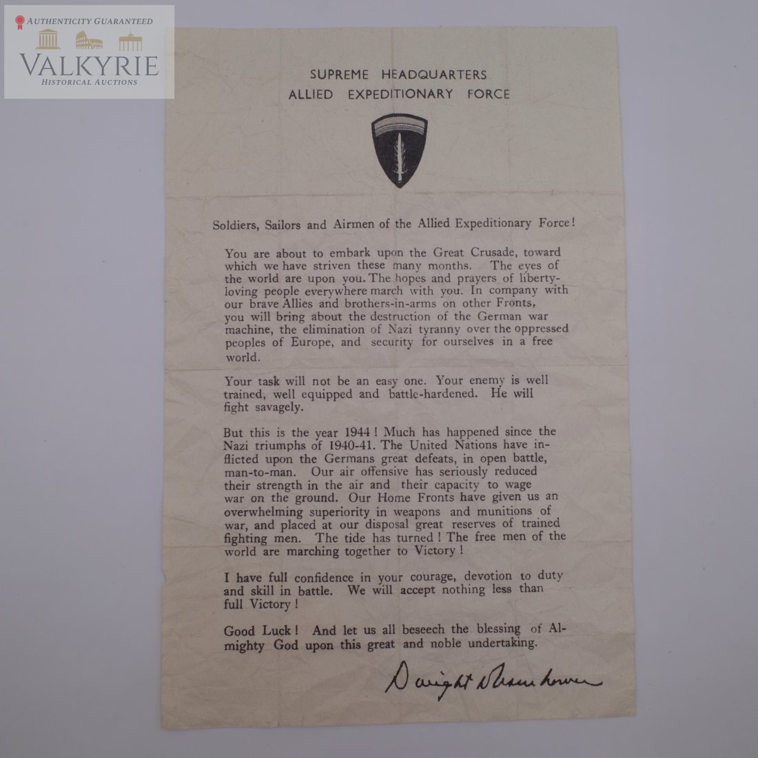 WWII US D-DAY LETTER FROM GENERAL DWIGHT D. EISENHOWER: RARE ORIGINAL! These letters were printed and given out to all US Servicemen prior to the D-Day invasion in Normandy. "Soldiers, Sailors, and Airmen of the Allied Expeditionary Force:You are about to