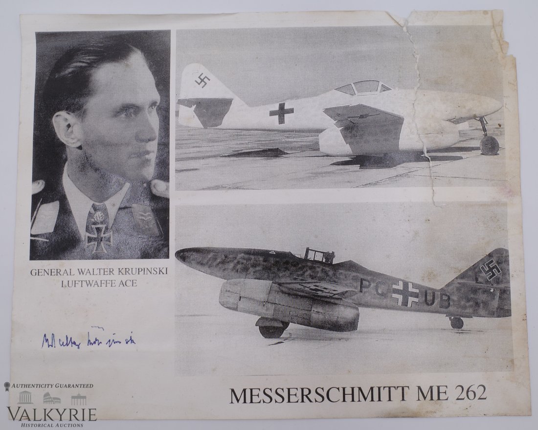 Walter Krupinski Signed Photograph: Photograph of and personally autographed by: General Walter Krupinski, Luftwaffe Ace Me 262