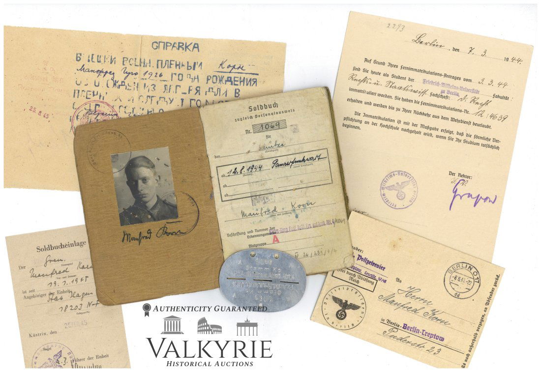 A Set of Documents and a Dog Tag Tank Radio Operator.: A set of documents and a dog tag Panzerfunkwart (tank radio operator) Soldbuch in the name Manfred Korn Gestellungsaufforderung (Presentation of request), Soldbucheinlage (deposit of the pay book) Dog