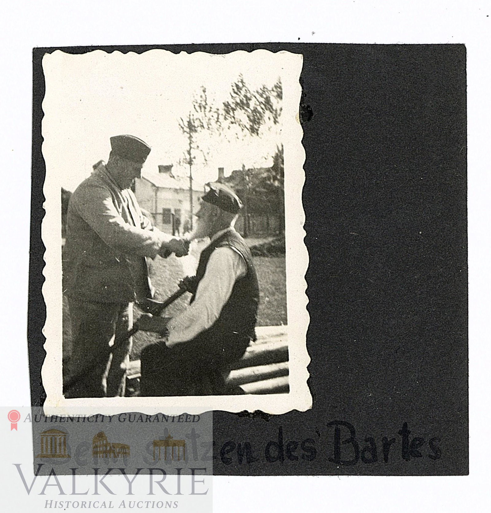 Touching Photo of a German Soldier Cutting an Elderly Jew's Beard Denigrating Him: Touching photo of a German soldier cutting an elderly Jew's beard to denigrate him. Photo still glued to a piece of photo album sheet. ********* Shipping from our office in Europe*********