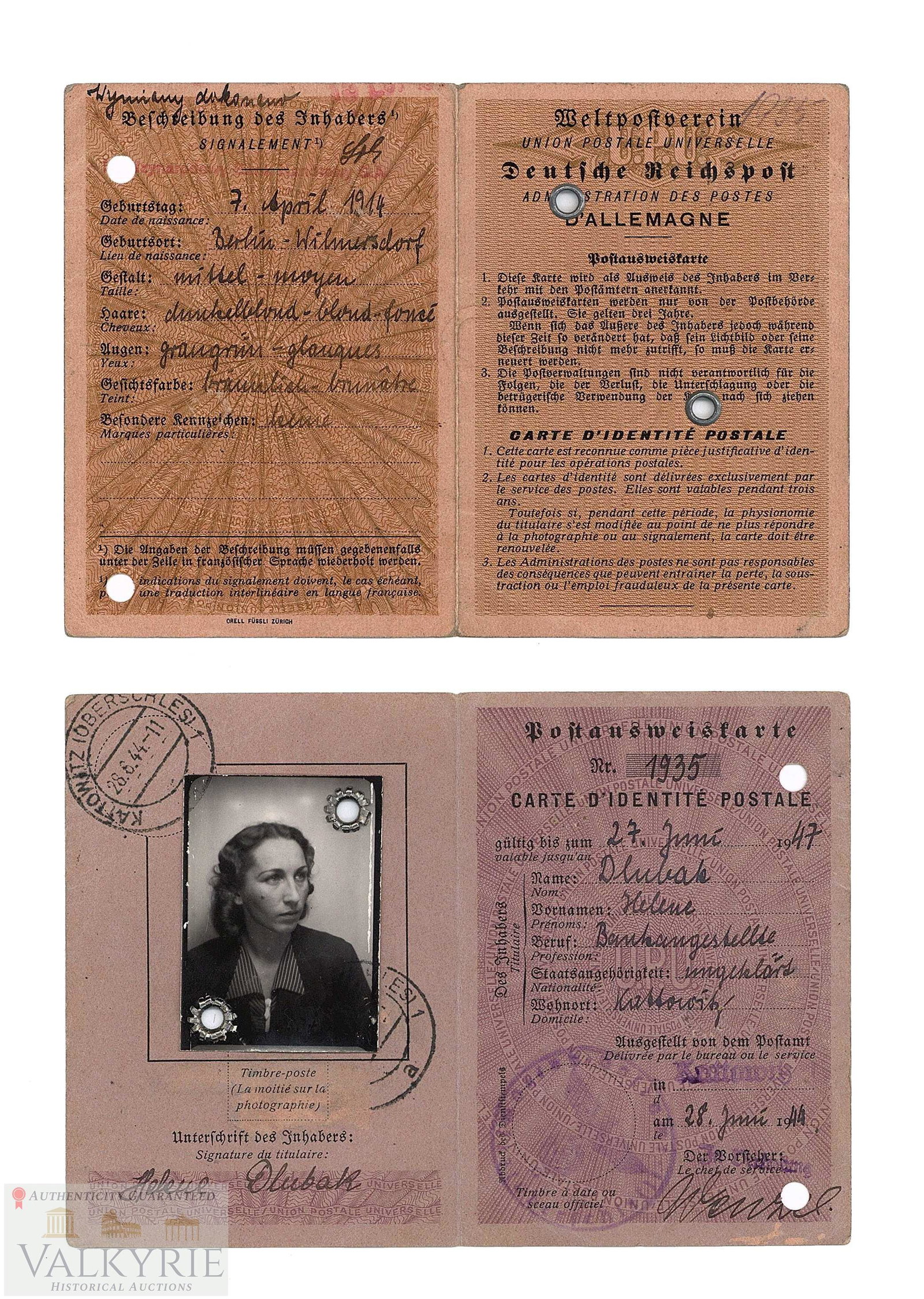 German III Reich Period Postal Identity Card to Polish Woman 1944: German III Reich period issued in 1944 Postal idenity card to a Polish woman from Kattowitz (Katowice). It comes with photo of te owner. Very good condition. Written in German and French.*******This a