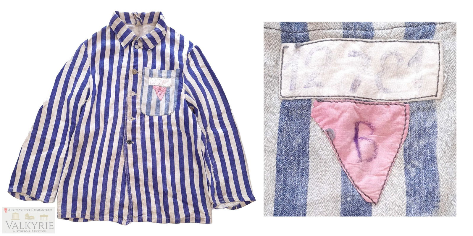 Ultra Scarce Original Inmate Jacket of a Belgian Political Prisoner With Number 12781: We offer for auction this ultra scarce original inmate jacket used in an unknown concentration camp, probably KL Dachau or KL Mauthausen according to the model. This jacket is a summer type one, with 