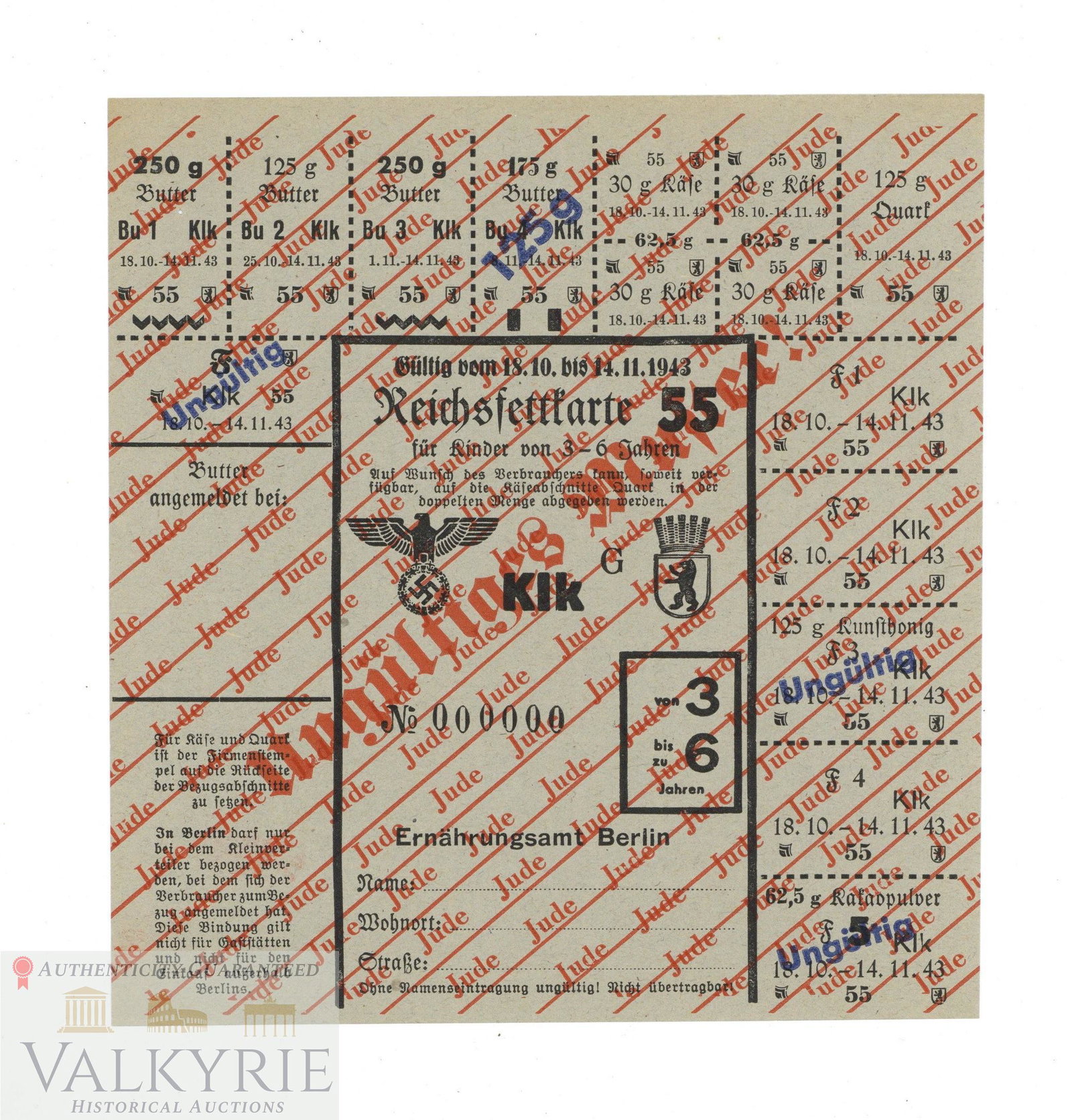 Unused Rationing Stamp Card for Fat for Jewish Children in Berlin 1943: Very rare unused rationing stamp card for fat for Jewish children in Berlin to be used in a period of 1943 during the war. It has the word "Jude" printed all over the sheet.********* Shipping from our
