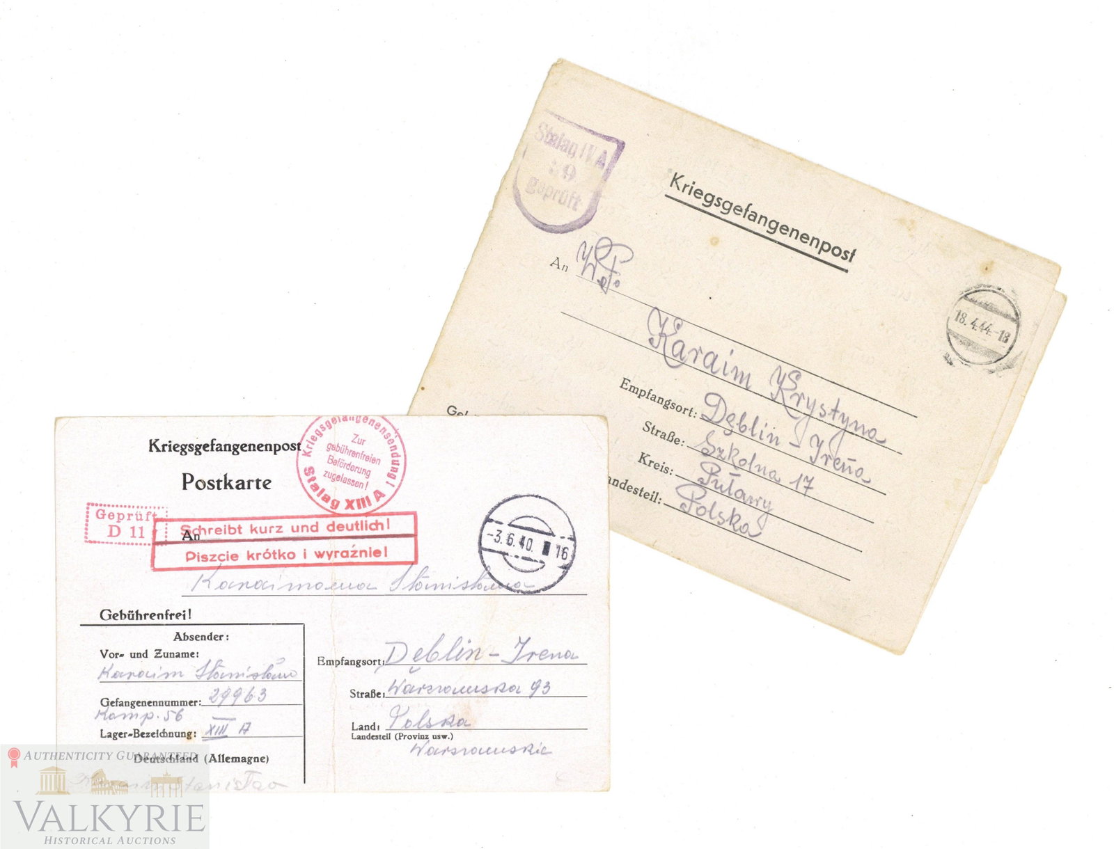 2 Letters Sent to the Wife by a Polish POW in German Stalag Dated 1940 and 1944: 2 letters sent to the wife by a Polish POW captive in a German Stalag and dated 1940 and 1944. With instructions in Polish and ink stamps in German about correct and clear writting.********* Shipping 