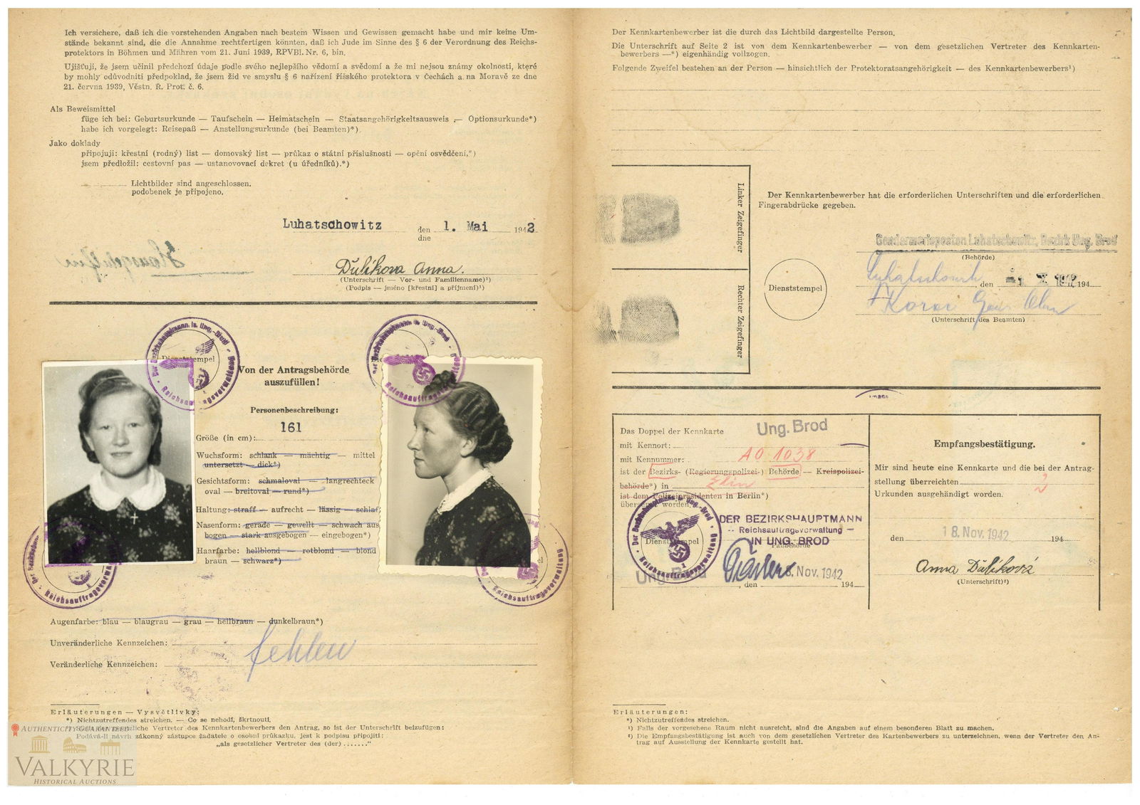 3 Reich - Formal Request to Inssue Kennkarte ( German ID's ) to Czech: Interestig document that consist of formal requests done by Nazi administration to issue the respective Kennkartes to Czech citizens after German occupation. With all the information about them and ph