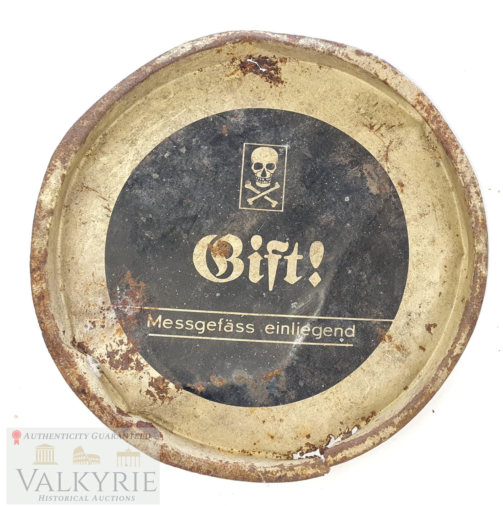 Rare Original III Reich Period Lid for Can of Poison: Rare original metal lid for closing a can or containter of poison. On the lid we can see the word "Gift!" (Poison) and a skull with bones to indicate this is lethal for human. Also the message: "measu