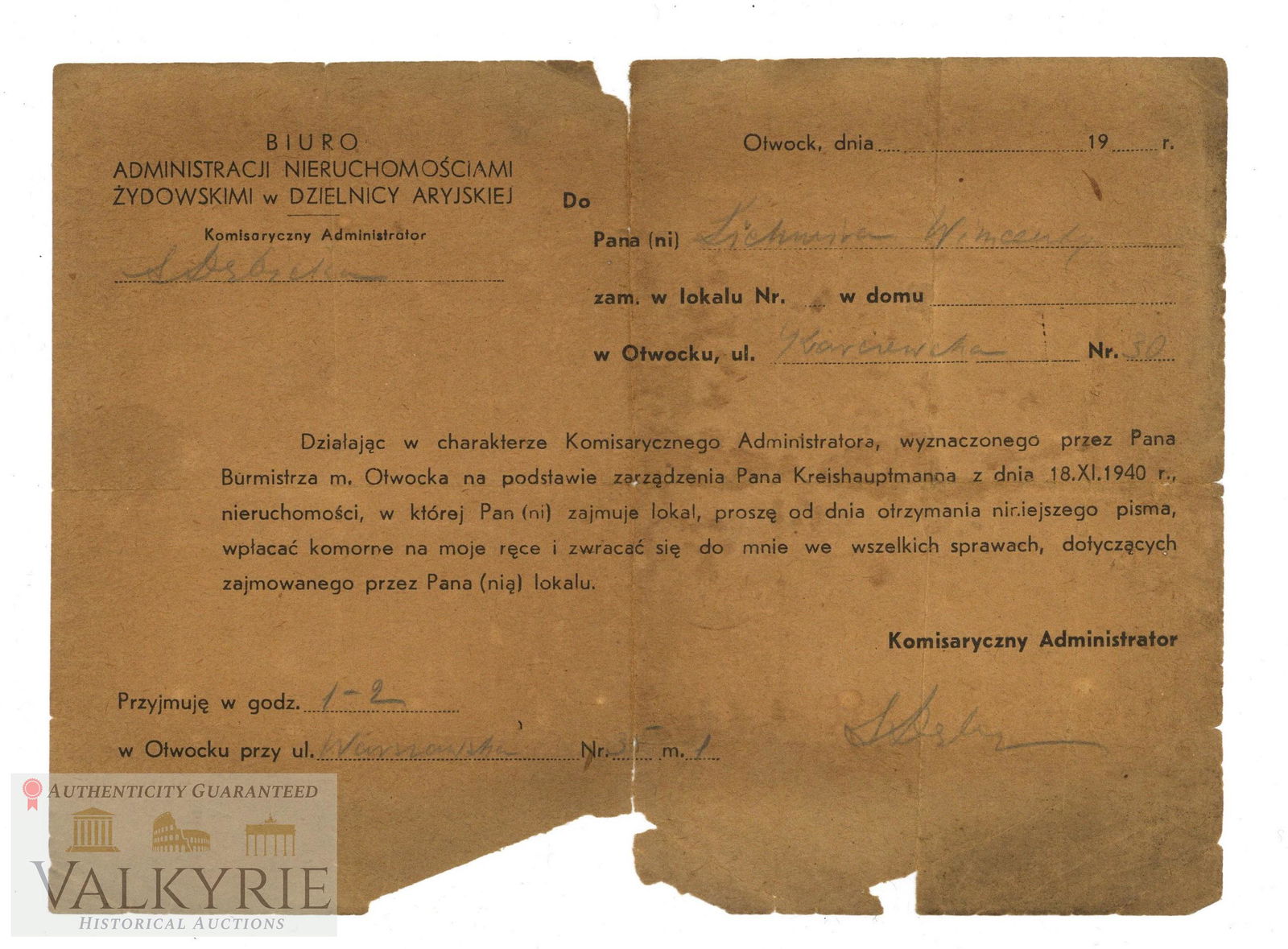Certificate Rent Jewish Real Estate Admin OTWOCK: Certificate written in Polish previous to the German occupation about paying a rent for Jewish Real Estate administration office in Arian district in Otwock (Poland). Some damage to a corner and edges