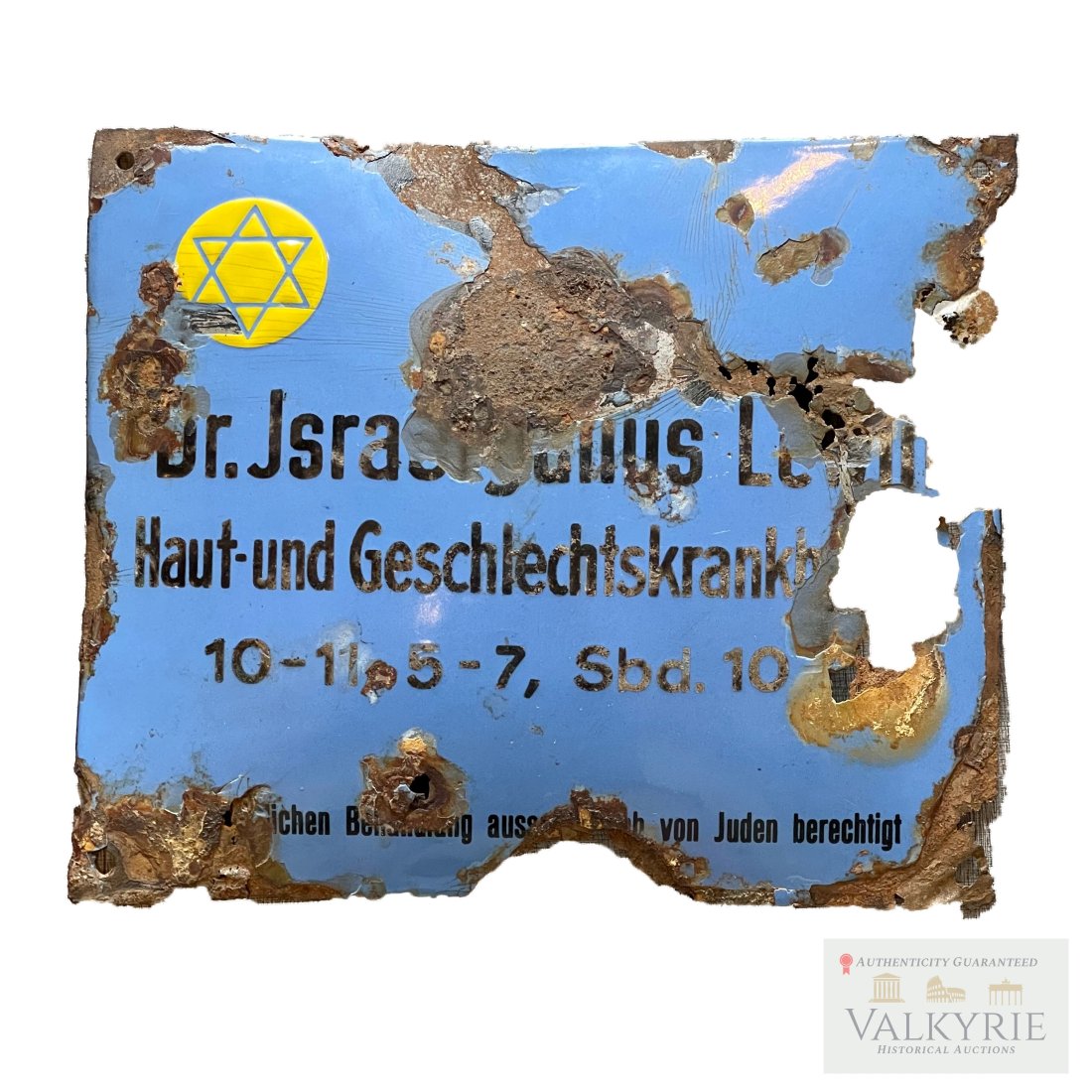 Anti-Semitic Jewish Medical Practice Sign from German Doctor's Office: Anti-Semitic Jewish Medical Practice Sign from German Doctor's Office. This enamel sign once hung outside of a Jewish doctors office in Nazi Germany. These signs were required by law to be posted on t