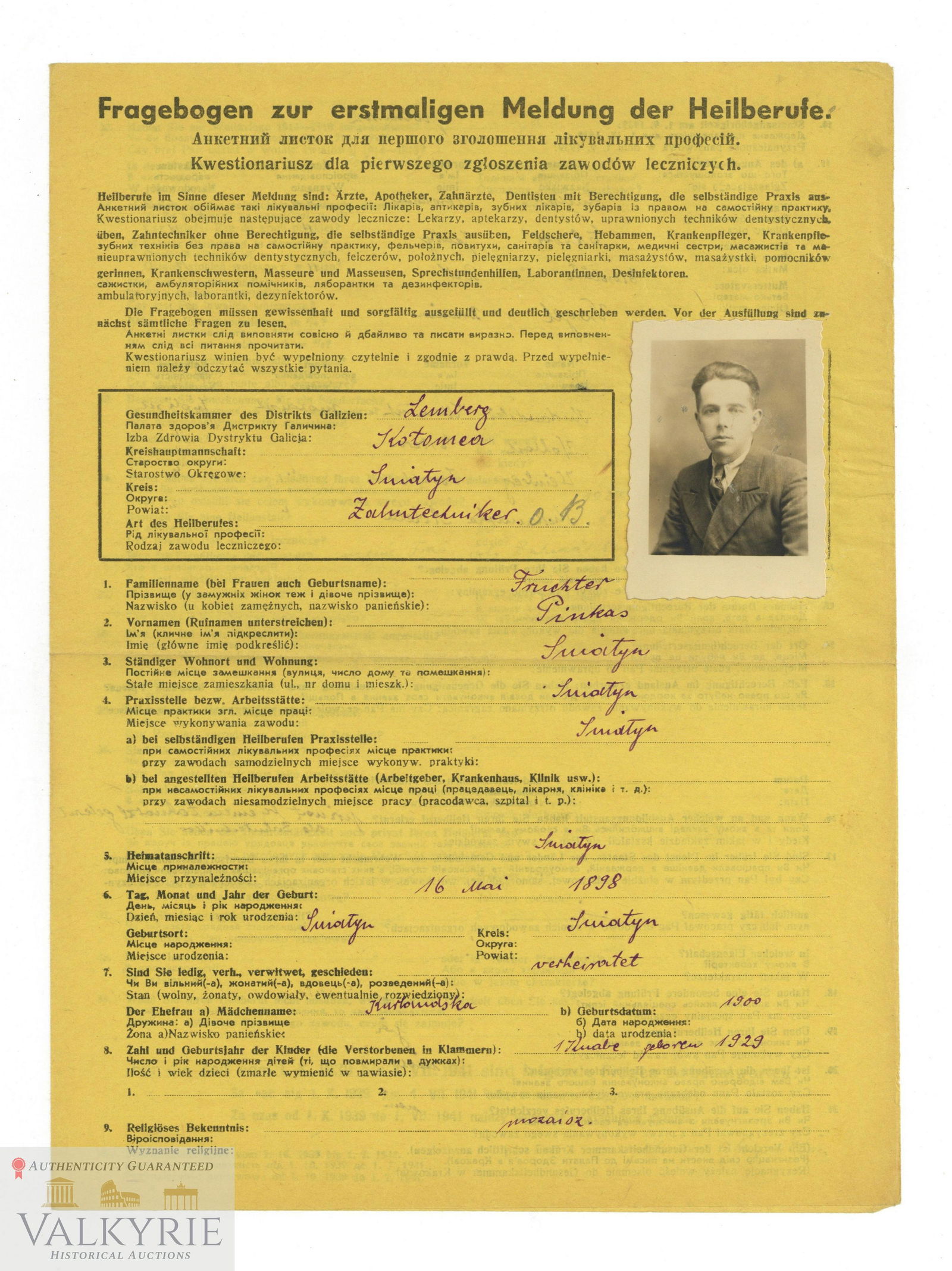 Nazi Questionnaire For Registration of Polish Citizen With Medical Experience: =German occupation authorities printed questionnaire for registration of Polish citizens with medical experience. This one was filled in for a Polish citizen from Lemberg. It's printed in German, Poli