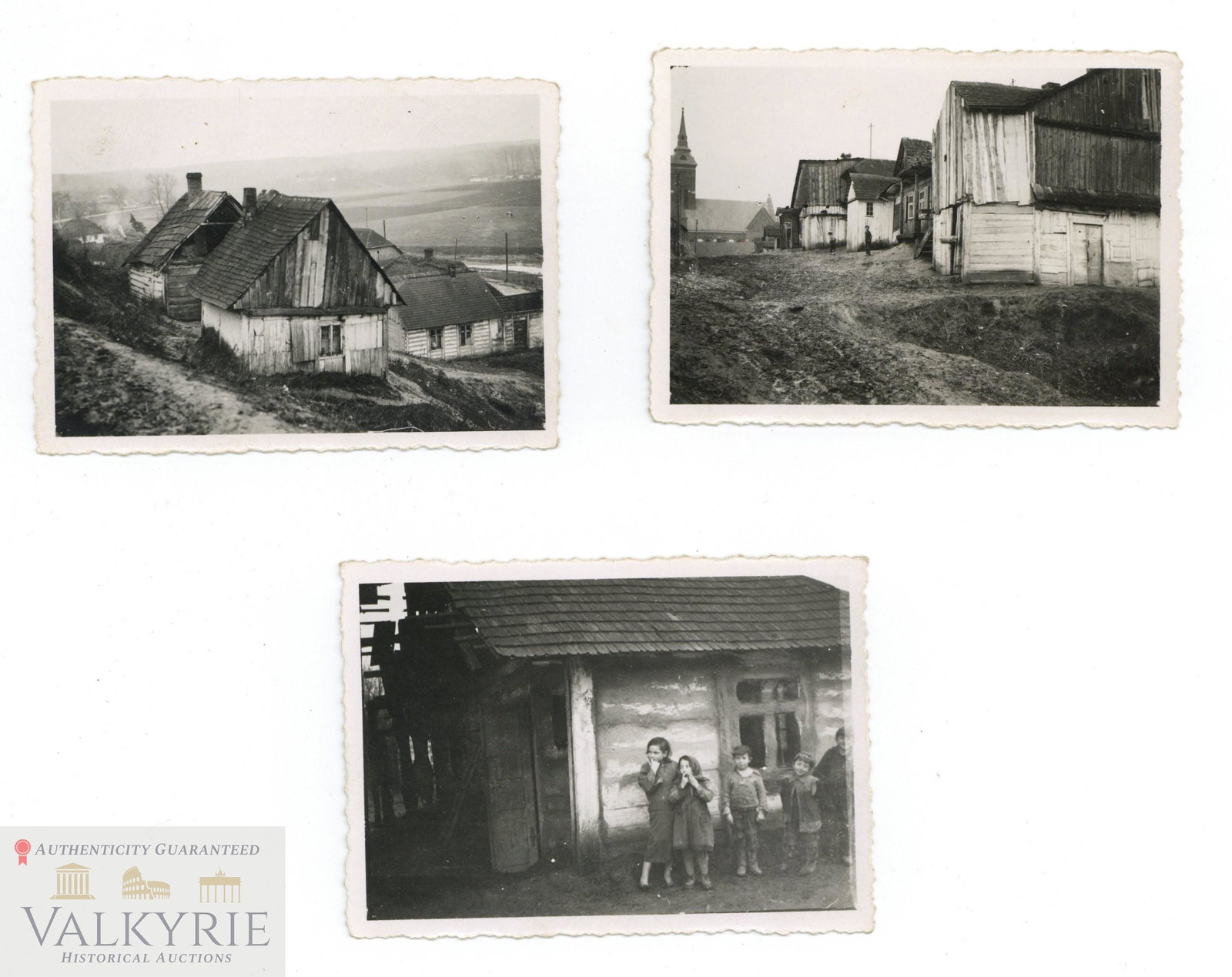 Original Photos of a Polish Village and Some Jewish Children: 3 original photos of a small Polish village full of wooden houses taken during German occupation, probably in 1939. We can see also some Jewish children posing in one of the photos. Probably this is v