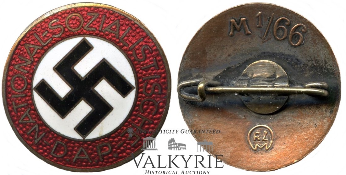NSDAP Membership (Party) Badge RZM M1/66: NSDAP Membership (Party) Badge RZM M1/66 (Parteiabzeichen). It is constructed out of a zinc base painted with red, white and black varnish. The round shaped obverse depicts a black mobile swastika on 