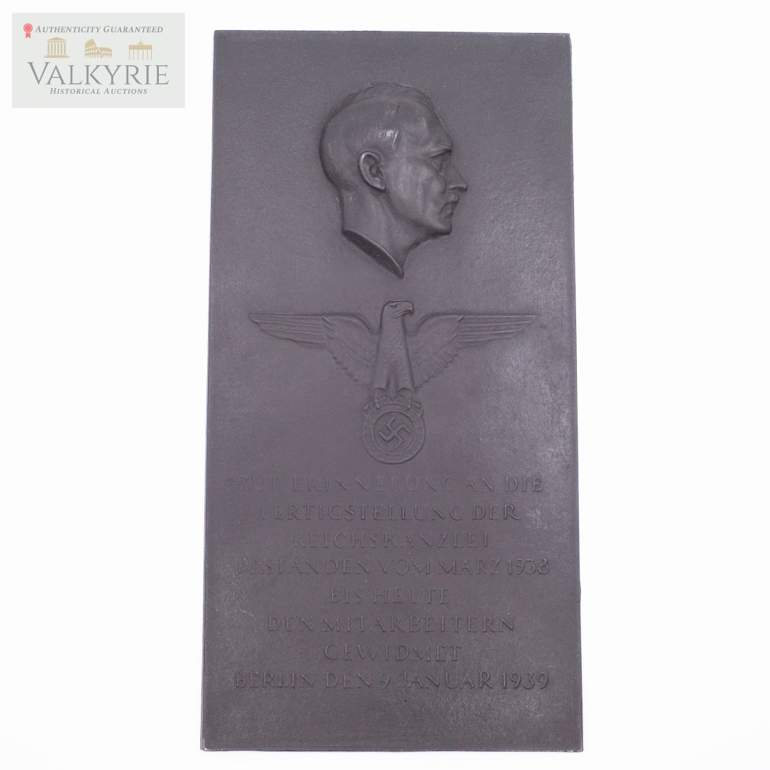 Arno Breker - Hitler Plaque for the Completion of the Reich Chancellery: Arno Breker - Hitler Plaque for the Completion of the Reich Chancellery. Arno Breker - a plaque for the completion of the Reich Chancellery. Cast iron, blackened, signed "A. Breker", foundry marks on