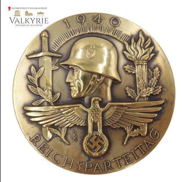 Reichsparteitag 1940 Table Plaque Prototype by Deschler: Reichsparteitag 1940 Table Medal Prototype by Deschler. STRUCK IN ANTICIPATION OF AN EVENT THAT NEVER TOOK PLACE BECAUSE OF THE WARPrototype 1940 Reichsparteitag Medal. This event as well as the 1939 