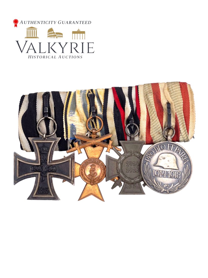 German WWI 5 Place Medal Bar: German WWI 5 Place Medal Bar including Iron Cross EK2, Hungarian WW1 Commemorative Medal "Pro Deo et Patria", Bavarian Military Merit Order; 3rd Class, and Hindenburg Cross.
