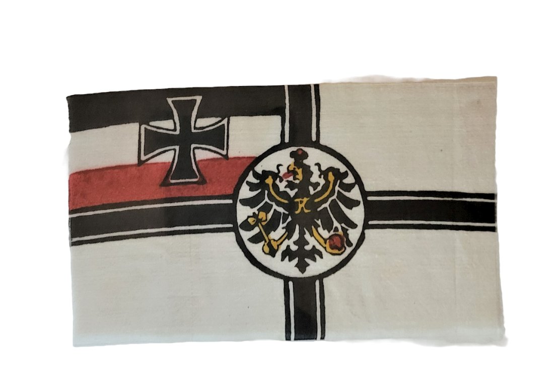 Imperial German Navy War Flag: This beautiful silk flag is the Imperial Navy war ensign (Kriegsflagge) in mint condition and is protected in a plastic sleeve. Measuring about 3 by 5 inches, it's the prefect small display piece
