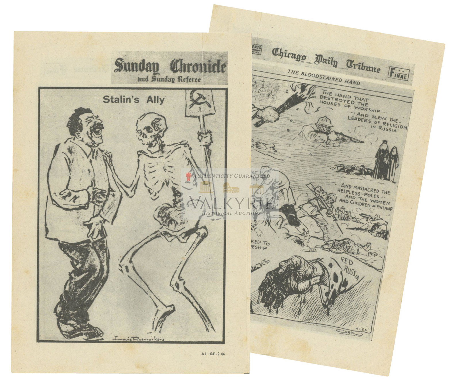 Nazi WW2 Anti-Communist Propaganda Leaflet - American News Against Communism: Nazi WW2 anti-communist propaganda leaflet printed in English. We can see on both sides the news published by American tabloids against communism and alliance with Soviet Union and USA. A doctrine tha