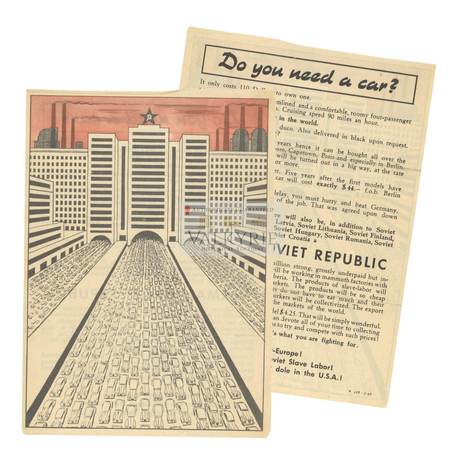 Nazi WW2 Anti-Communist Propaganda Leaflet - Do You Need an Auto?: Nazi WW2 Anti-Communist Propaganda Leaflet entitled "Do You Need an Auto?". A sarcastic text about the future of Europe and Germany under Soviet rule if USA supports Soviet Union agaist Germany. It ta