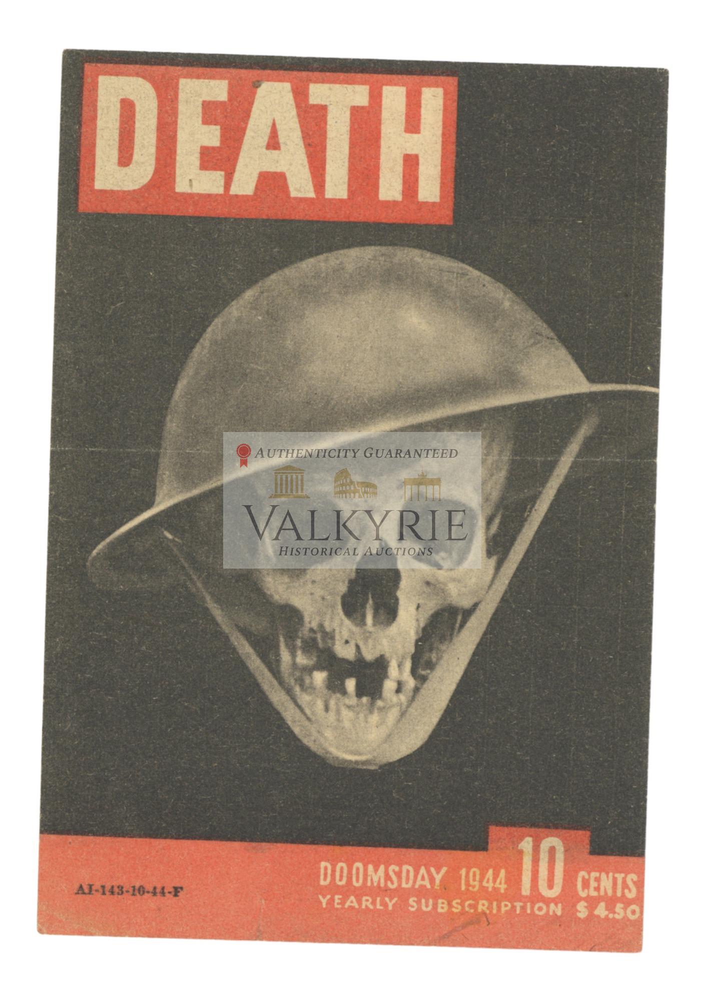 Nazi WW2 Anti-Allies Propaganda Leaflet - LIFE & DEATH Immitating the Cover of LIFE Magazine: Nazi WW2 Anti-Allies Propaganda Leaflet playing with the cover of American LIFE magazine. On one side a sexually explicit cover with a naked girl and title LIFE an on the reverse a skull with British 