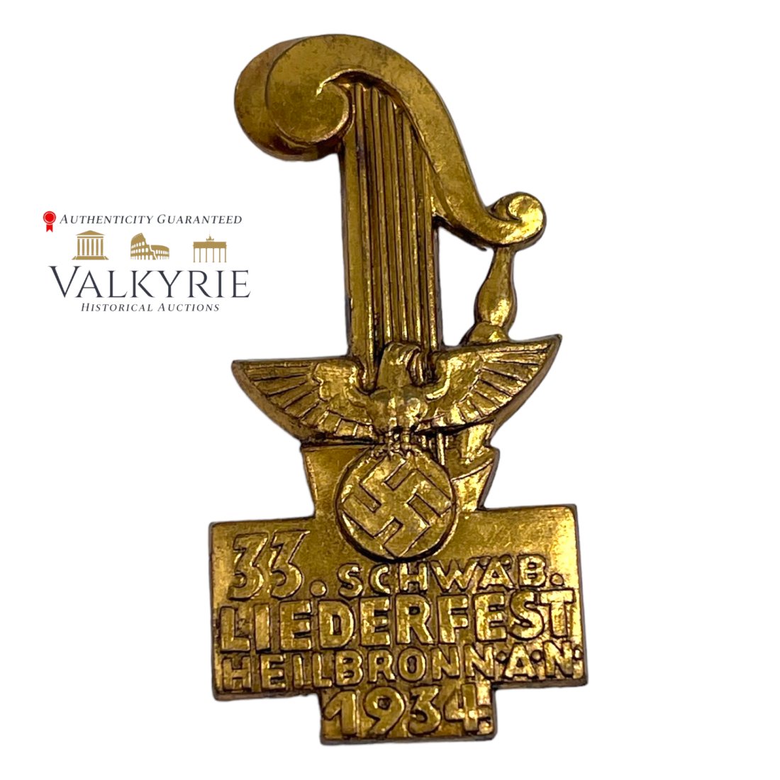 Nazi Very Early Heilbronn Song Festival 1934 Pin Very Rare: Heilbronn Song Festival 1934 ( 33 Schwab. Liederfest Heilbronn 1934 ) We can't find it other one like this. Marking :Erhard & Sohne AG Schwab.Gmund . Perfect condition