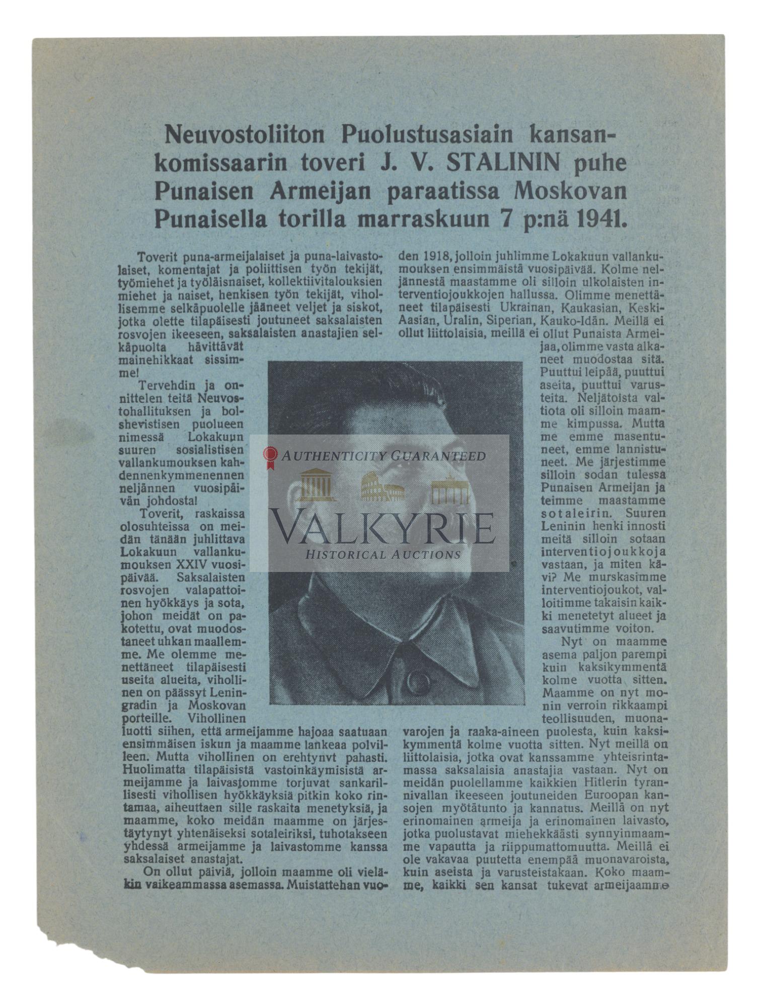 Soviet Propaganda Leaflet for Finnish People of the Speech of Stalin at the Red Square in 1941: Soviet Propaganda Leaflet for Finnish People with the transcription of the Speech of Comrade Stalin, People's Commissar of Defense Affairs of the Soviet Union, at the Red Square in Moscow on November 