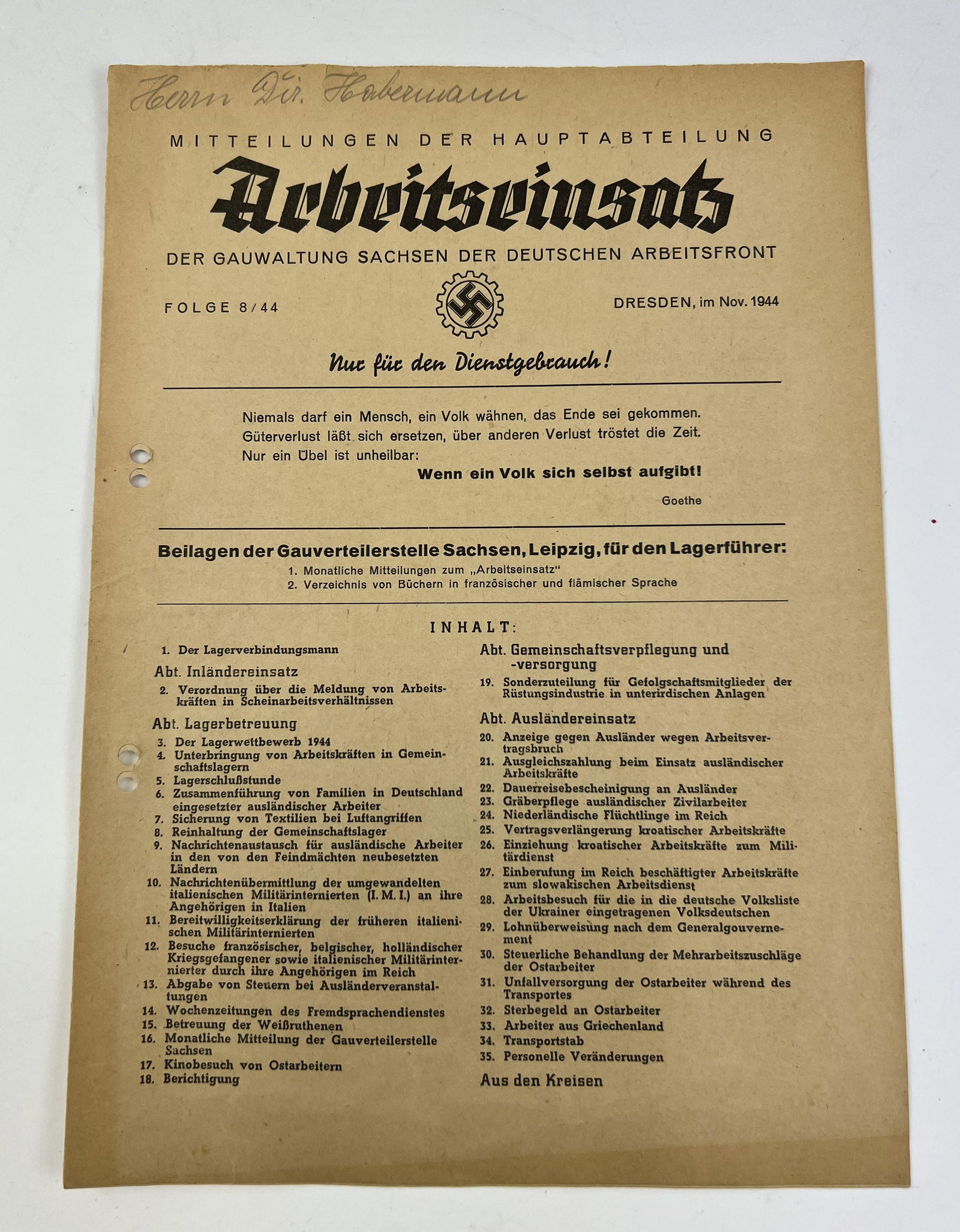 Arbeitseinsatz 1944 Gau Sachen 2WW Germany: Arbeitseinsatz 1944 Gau Sachen, size 21 x 30 VERY IMPORTANT!!!Shipping from our office in Europe