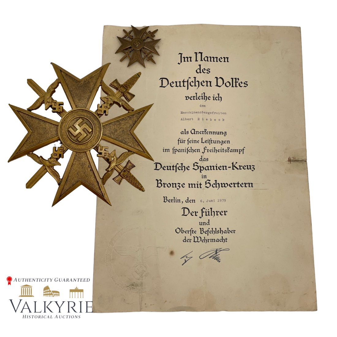 Spanish Cross in Bronze With Swords and Matching Award Document to Legion Condor Member (1 of 3)