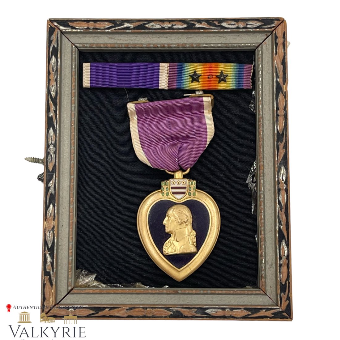 Framed US Military Medal of Honor War Damaged Purple Heart with two Ribbon Bars (1 of 4)