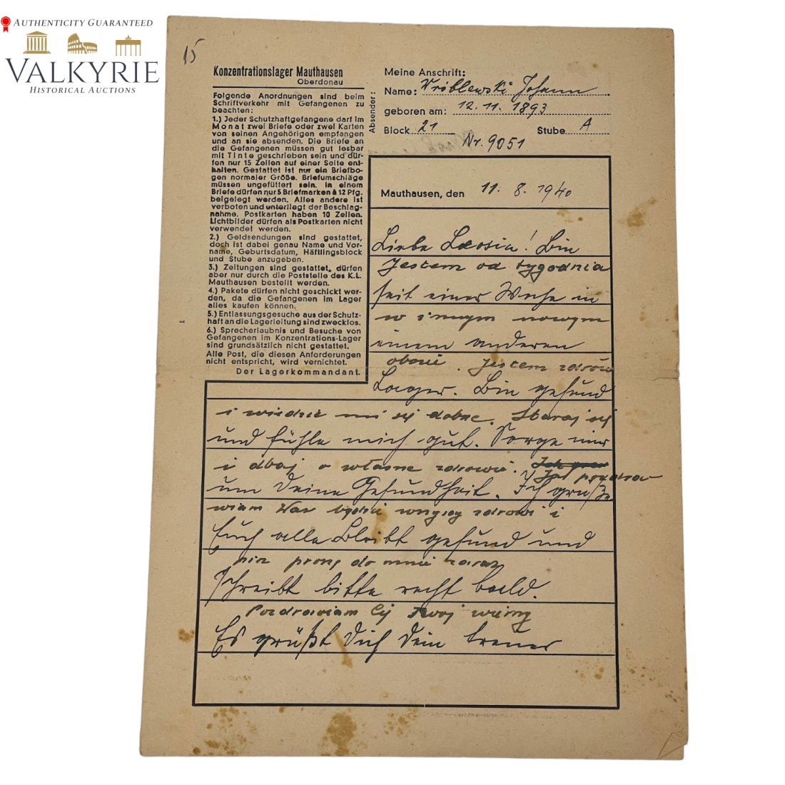 Letter Sent by Prisoner of KL Mauthausen in 1940 (1 of 3)