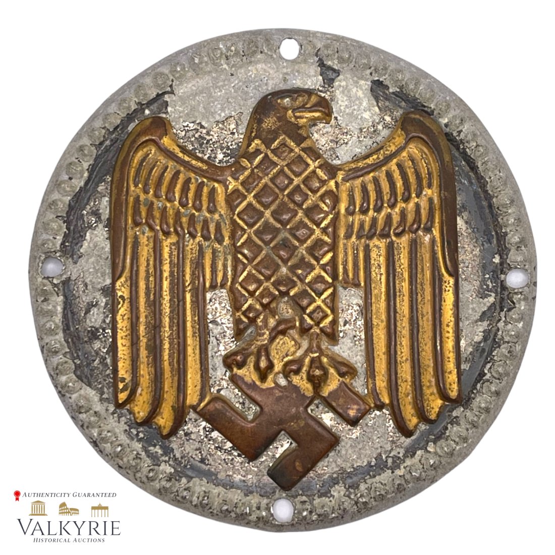 Nazi Jingling Johnny Metal Plaque with Eagle and Swastika: Large Nazi Jingling Johnny Metal Plaque with Eagle and Swastika. It's a two part piece, eagle and swastika is attached with two nuts and bolts. Ultra rare. Measures 4.5 inches.