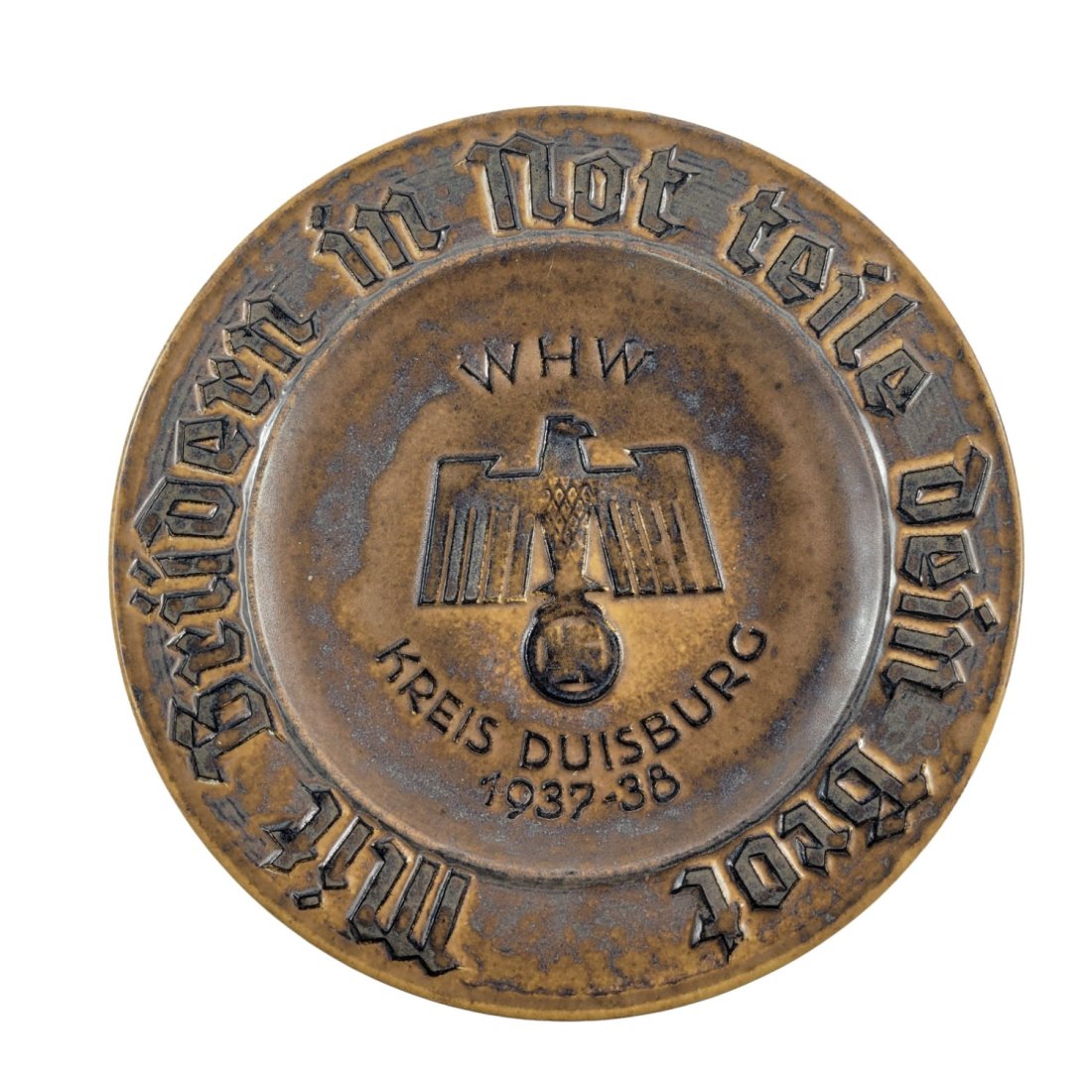 1937/1938 WHW Gau Essen 06 Donation Plate: WHW earthenware plate from Gau Essen 06. This was a special campaign by the district of Duisburg in 1937/38. The plate could only be acquired with a special donation of at least RM 25.00 and upwards.