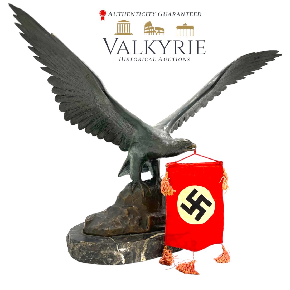 Massive Third Reich Bronze Eagle with Nazi Banner by Prof. OTTO POERTZEL: Third Reich Bronze Eagle with Nazi Banner by Prof OTTO POERTZEL. The bronze eagle by PROFESSOR OTTO POERTZEL (1876-1963) has a wingspan of 24 inches and weighs 40 pounds in total. It comes with a smal