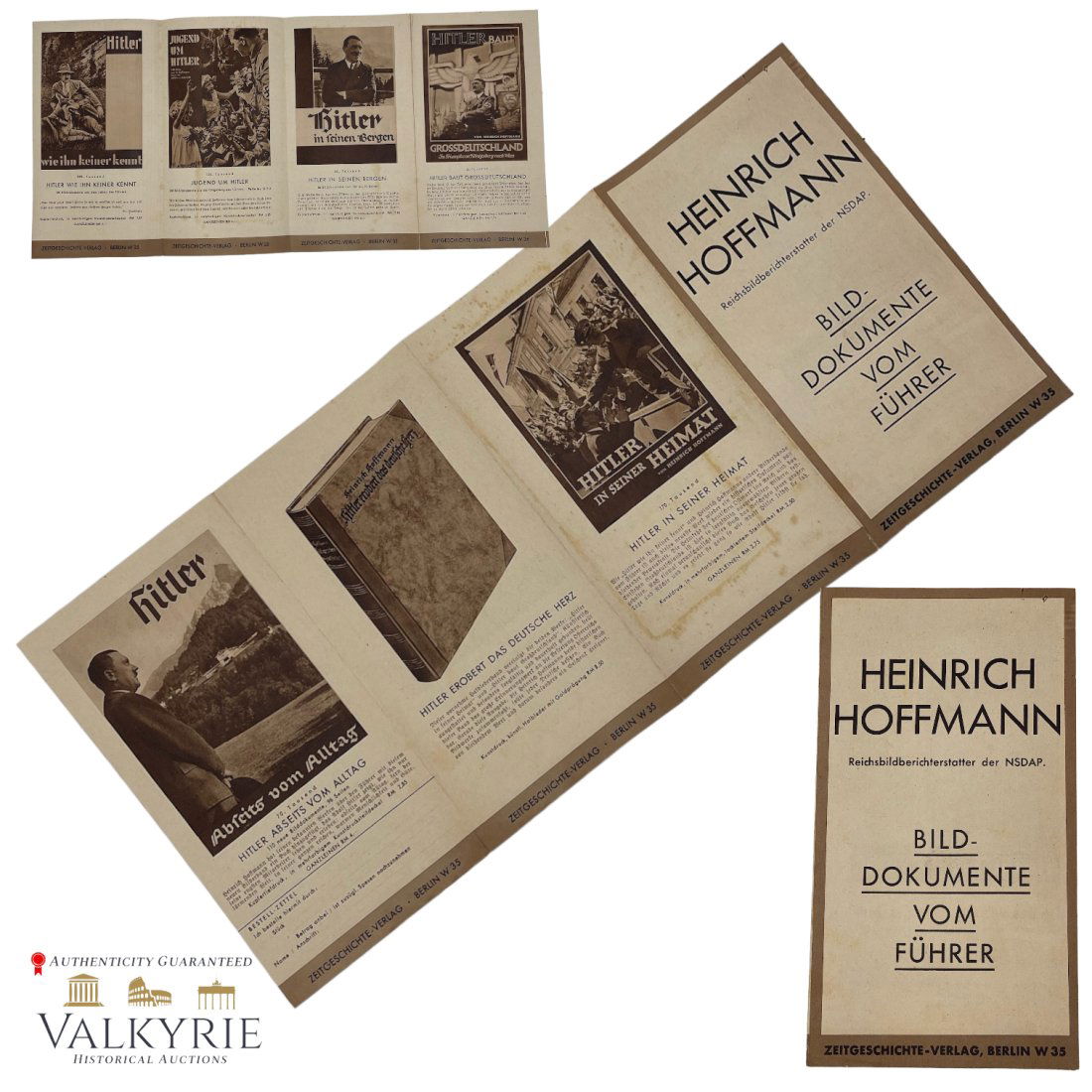 Heinrich Hoffman Adolf Hitler Book Series Advertisement Pamphlet: Heinrich Hoffman Adolf Hitler Book Series Advertisement Pamphlet. This is a foldable brochure advertising the famous Heinrich Hoffmann pictures books of Adolf Hitler. Very rare advertising piece.