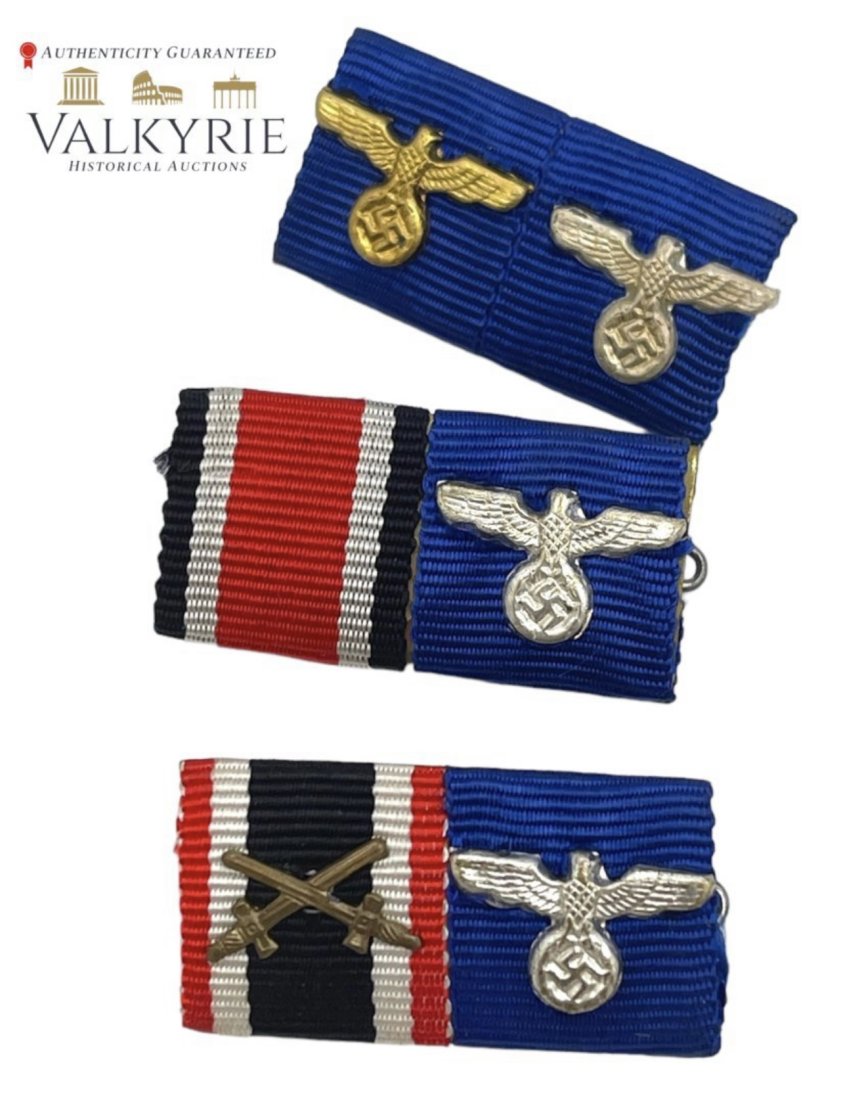 Nazi German Two Place Ribbon Bar (Set of 3): German IRON CROSS The two place ribbon bar consists of a 1939 War Merit Cross 2nd Class With Swords, and The Wehrmacht 4 year long service medal with silver eagle cipher. . Complete with original pinb