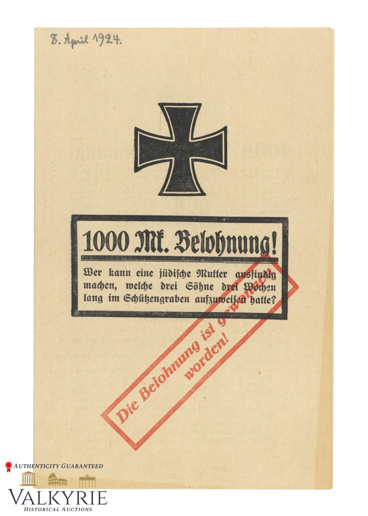 Anti-Semitic Propaganda Leaflet "1000 Mark Reward! Who Can Find a Jewish Mother Who...?" (1 of 3)
