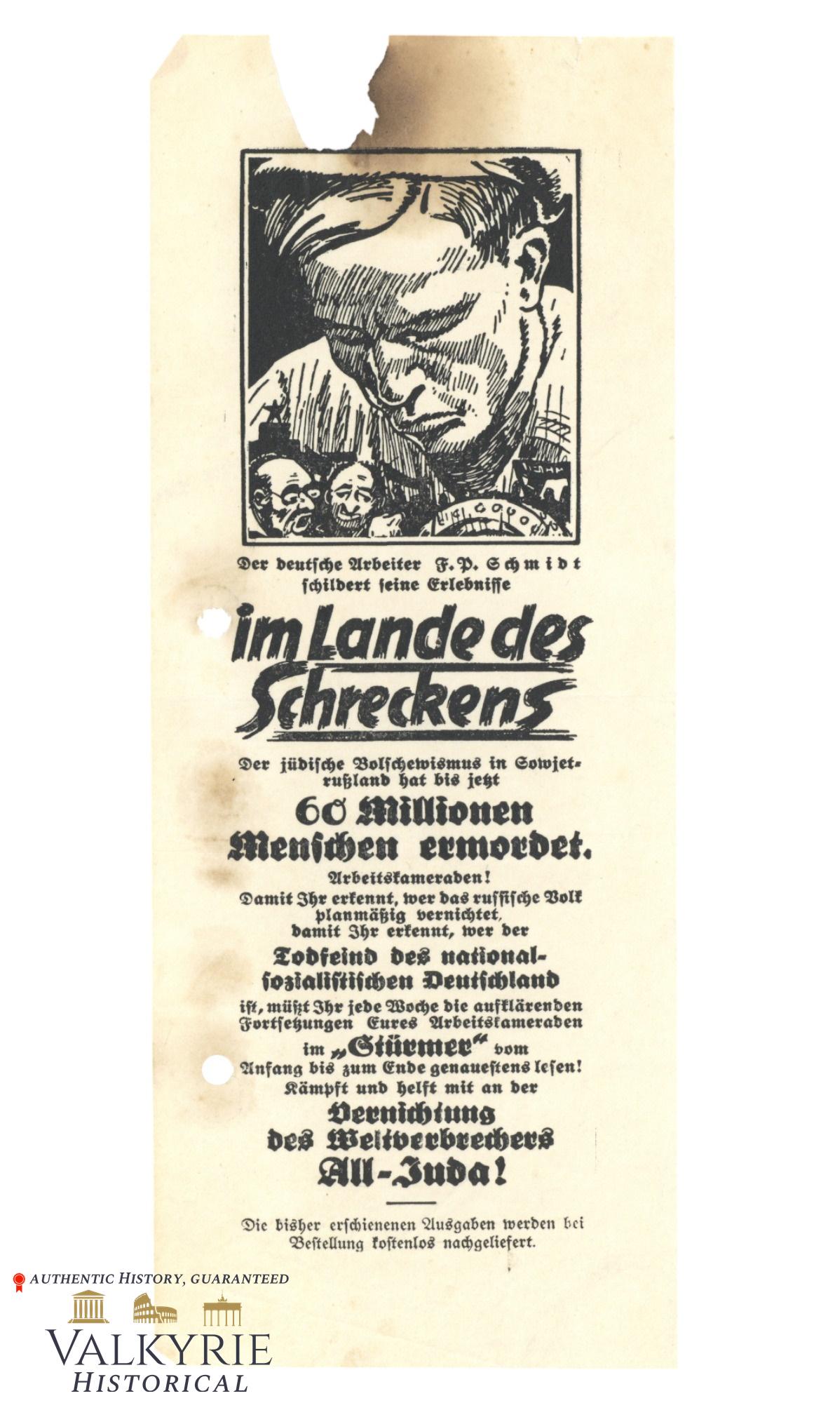 Anti-Semitic Leaflet Advertising the Ultra Anti-Jewish Talboid "Der Sturmer" - "60 Million Killed" (1 of 2)