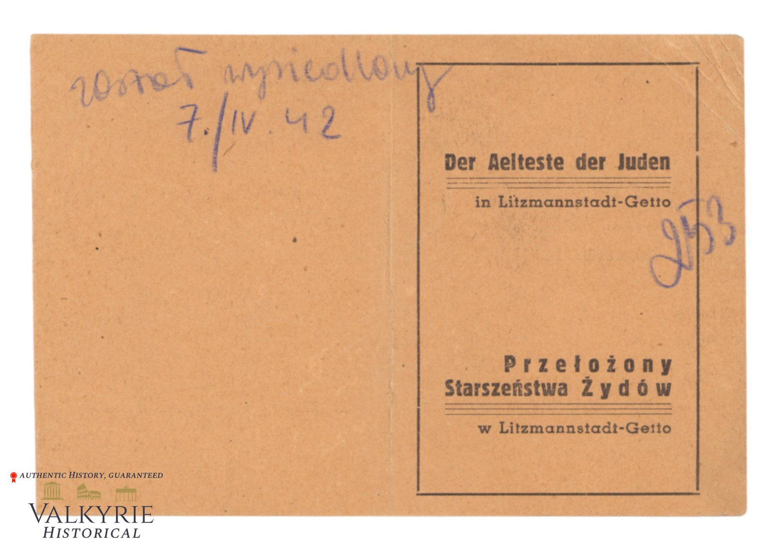 Litzmannstadt Ghetto - Permission Document for Jew in Lodz Ghetto 1942 (1 of 2)