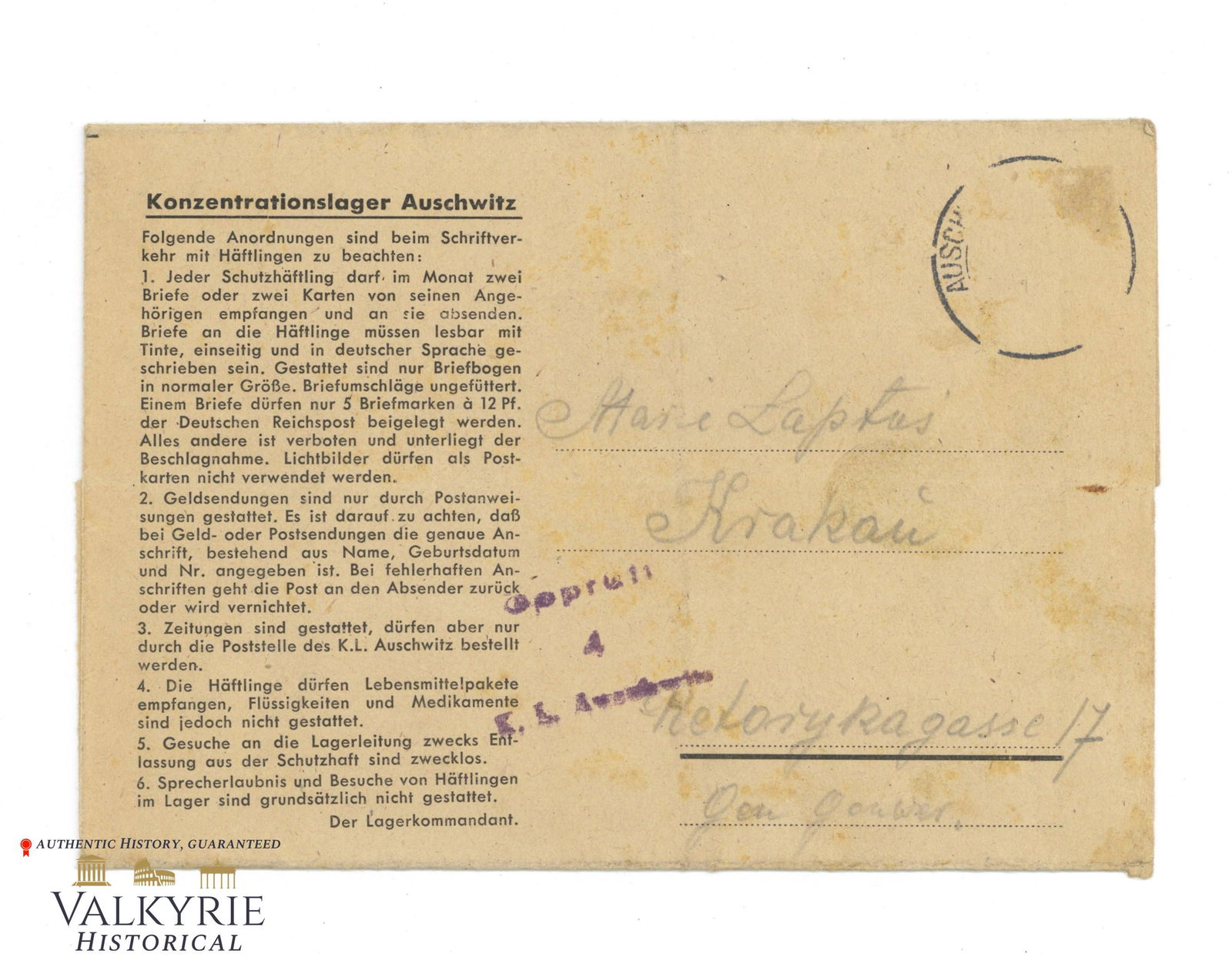 Letter Sent by Inmate From KL Auschwitz in 1942 (1 of 4)
