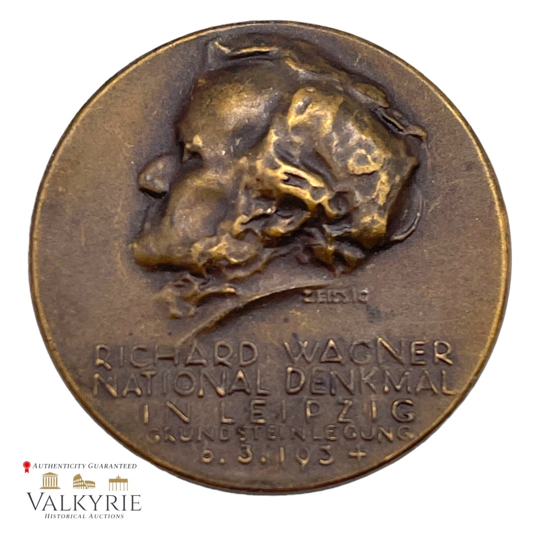 1934 Germany Richard Wagner Leipzig Medal Pin: 1934 Germany Richard Wagner Leipzig Medal Pin Commemorating the groundbreaking (â€œcorner stone laying”) of the National Wagner Memorial in Leipzig . obv. portrait Richard Wagner facing left