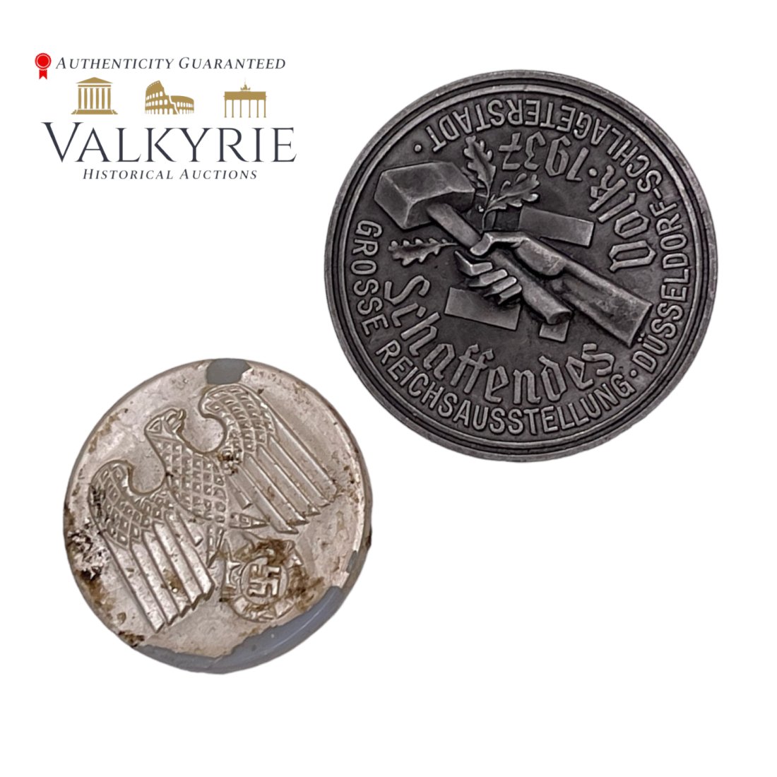 Glass button with eagle and Grosse Reichsausstellung DÃ¼sseldorf badge (1 of 2)