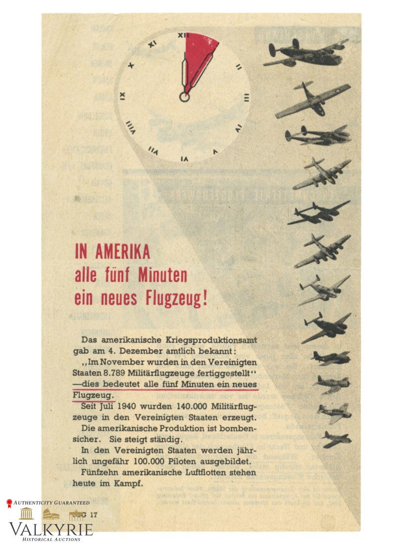 Allied Anti-German War Propaganda Leaflet "In America Every 5 Minutes a New Aircraft!" (1 of 2)