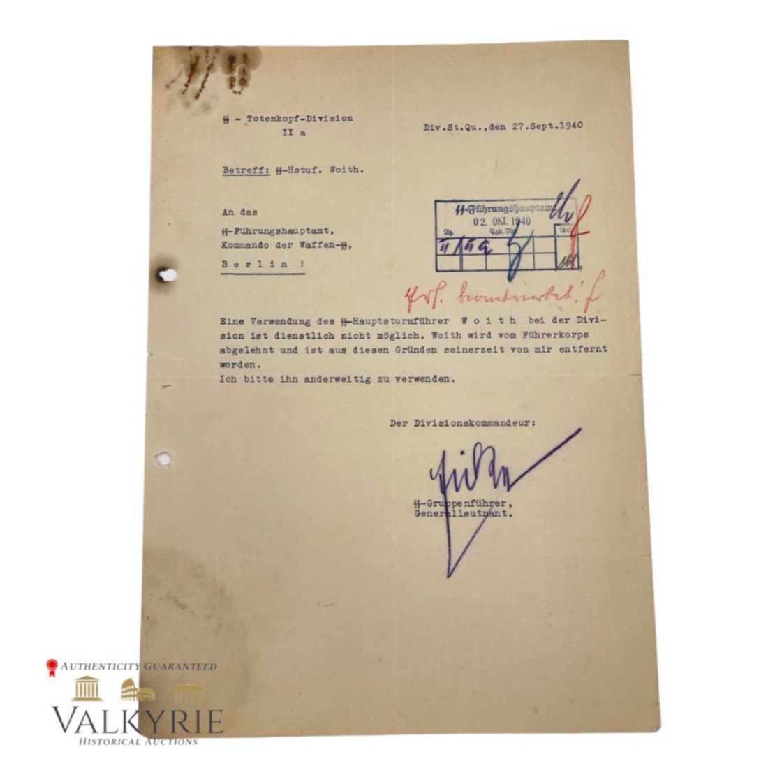 Theodore Eicke Signed SS Totenkopf Division Document (1 of 2)
